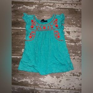 Gap XS toddler 4/5 teal blue flutter sleeve top with coral embroidered flowers